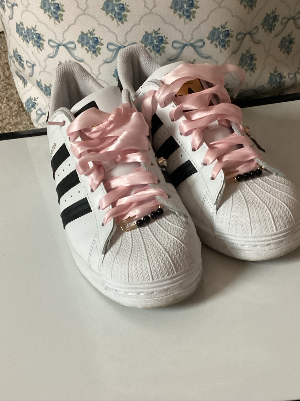adidas Kids White Sneakers with Black Stripes and Pink Laces